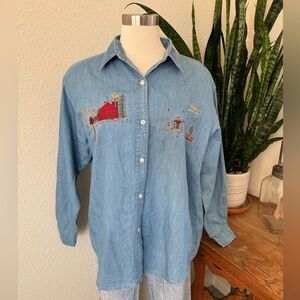 Vintage Woolrich Chambray Shirt M – Embroidered Barn Fall Farmhouse Scene‎